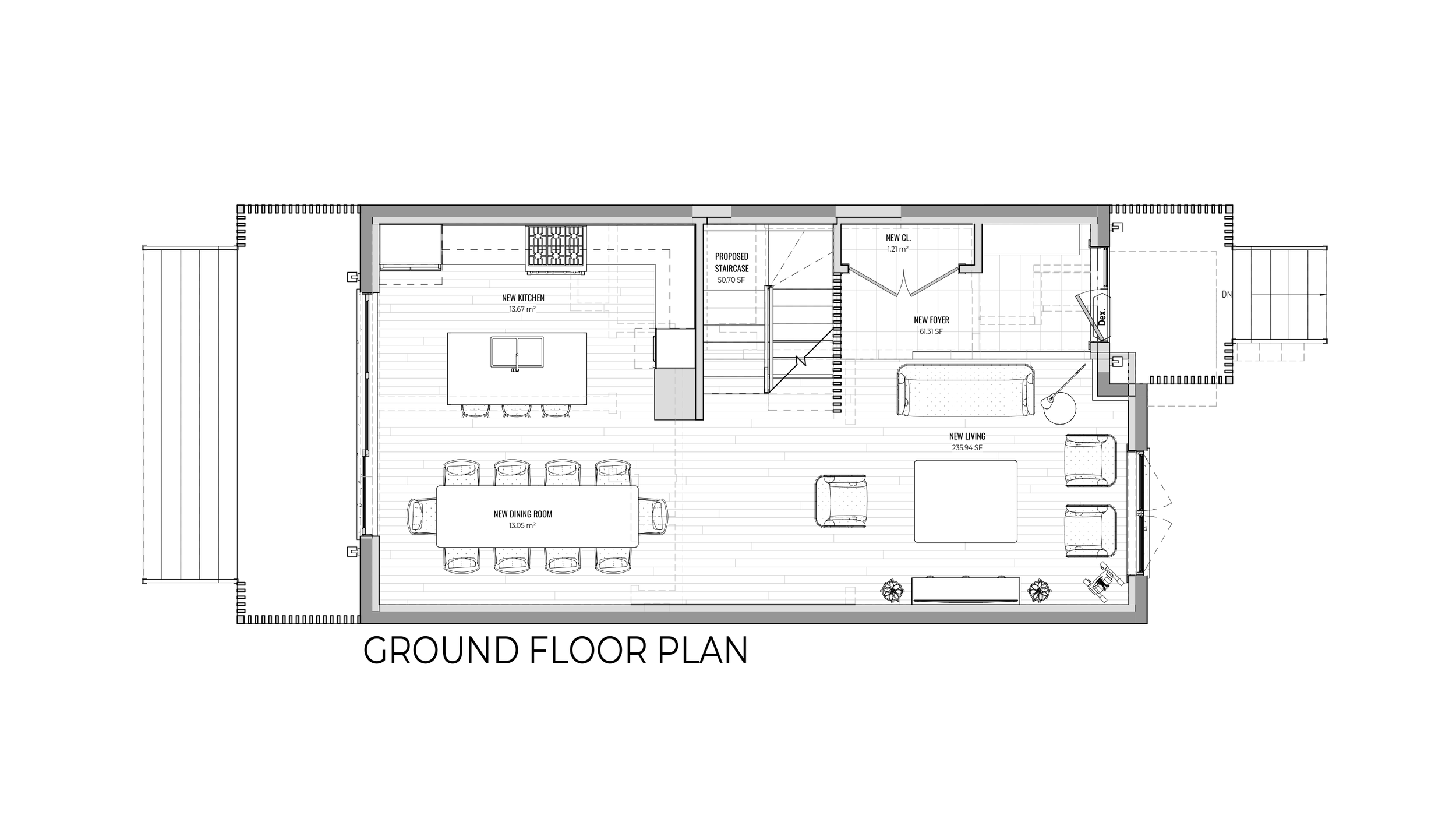 Floor plan of a house showing rooms including a kitchen, dining room, living room, foyer, and stairs, with labels and measurements.