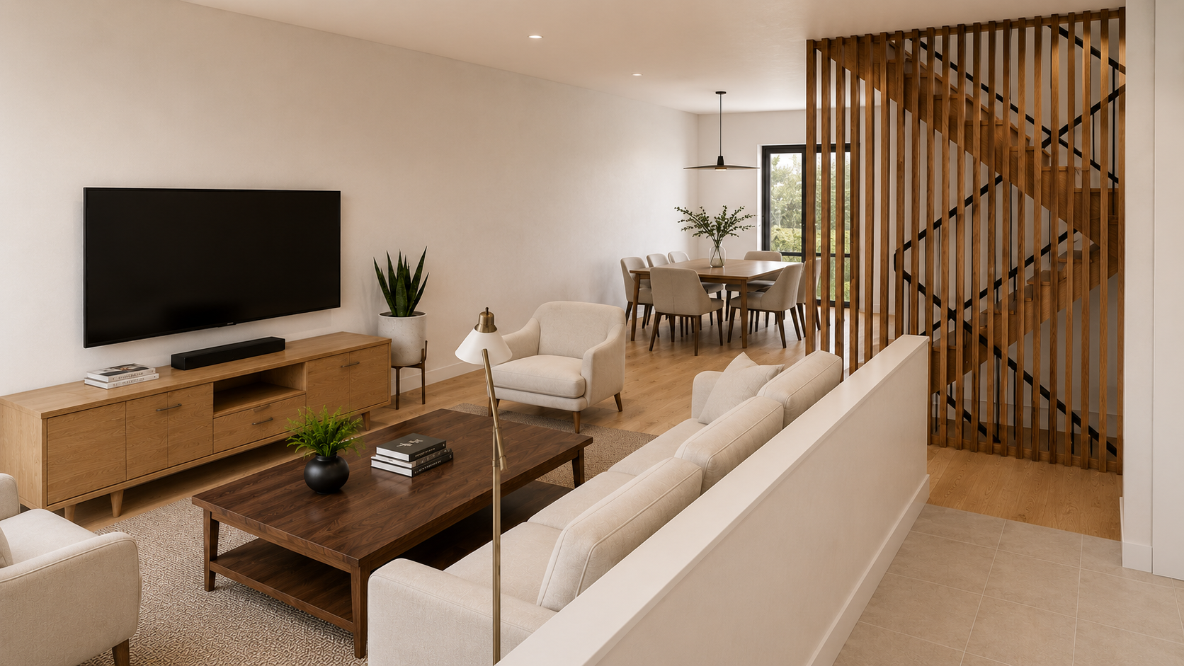 Living room with beige sectional sofa, armchair, wooden coffee table, TV on light wood console, and staircase with wooden slats.