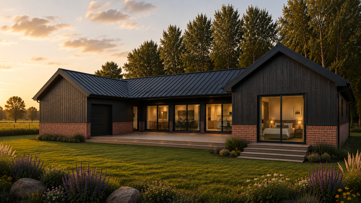 A modern house with dark wooden siding, brick accents, and large glass sliding doors, located in a lush green yard with flower beds, during sunset.
