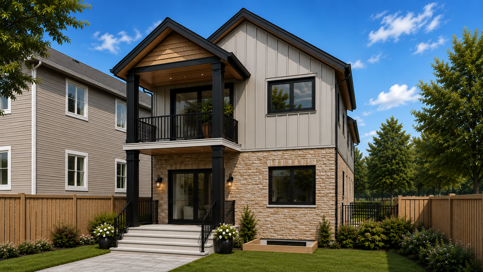 Front view of a modern two-story house with a stone and siding exterior, a small front porch with steps, a balcony above, black railings, and surrounded by a landscaped yard with plants and trees.