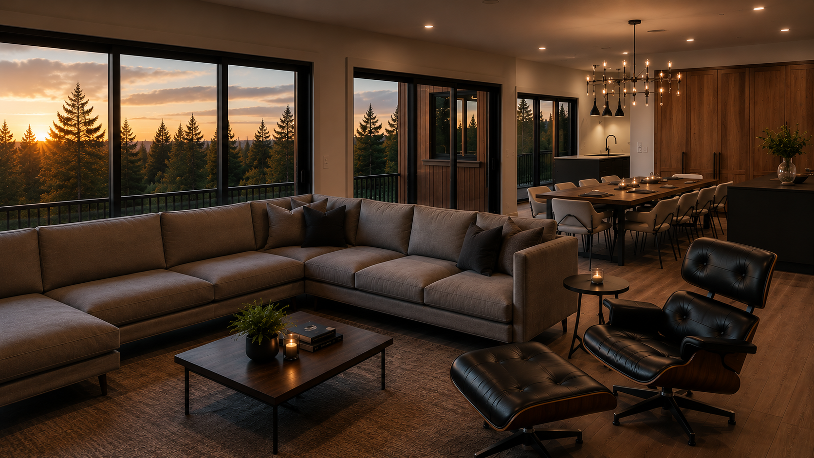 Living room with large windows showing sunset over a forest, beige sectional sofa with black and beige pillows, black leather lounge chair with matching ottoman, wooden coffee table with candles and a plant, dining area with a long wooden table, whit