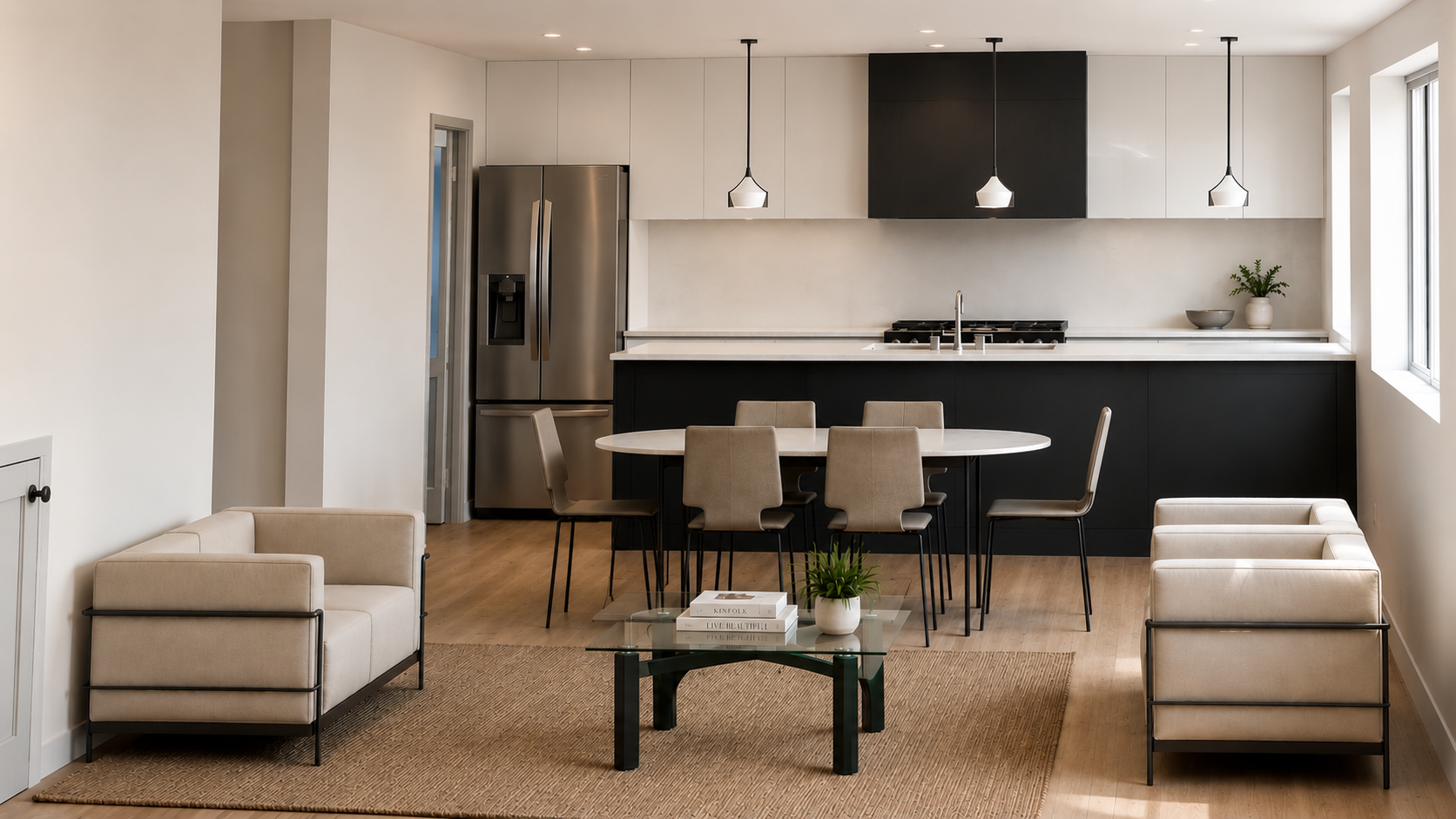 Modern open-concept kitchen and dining area with beige sofas, a round dining table with six chairs, a glass coffee table with books and a plant, stainless steel refrigerator, black and white cabinetry, pendant lights, and a window with sunlight.