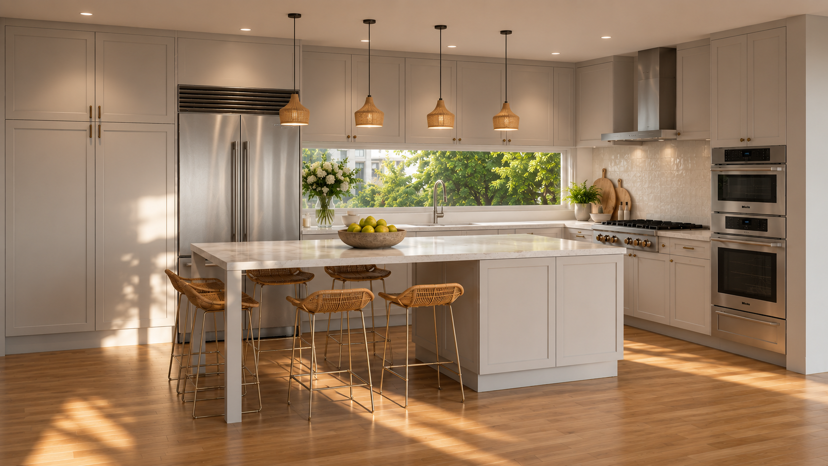 Modern kitchen with white cabinets, marble countertop island, stainless steel refrigerator, built-in ovens, gas stove, wooden bar stools, pendant lights, large window with greenery view, and hardwood floors.