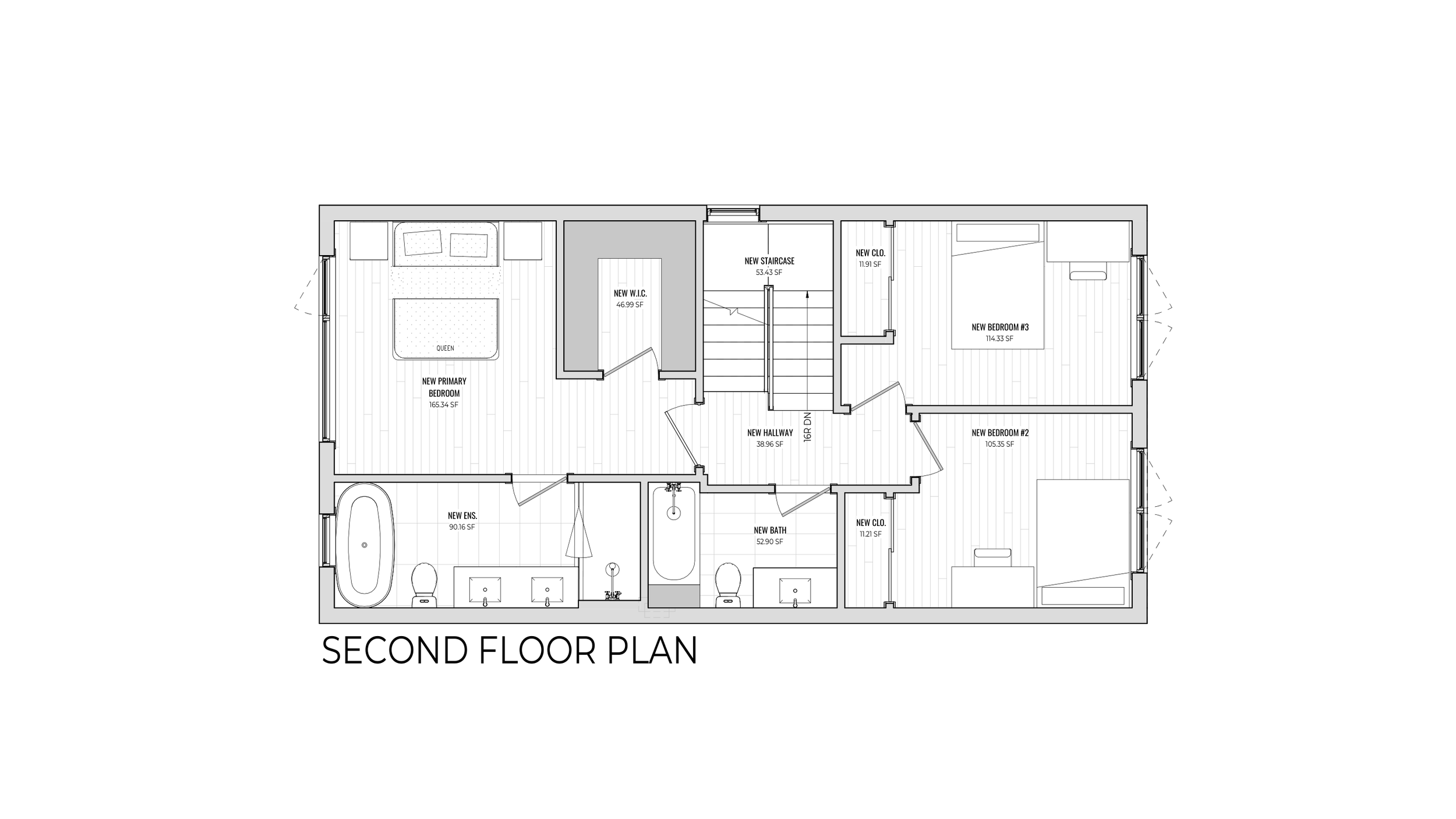 Second floor plan of a house showing bedrooms, bathrooms, closets, staircases, and hallways with labeled square footage.