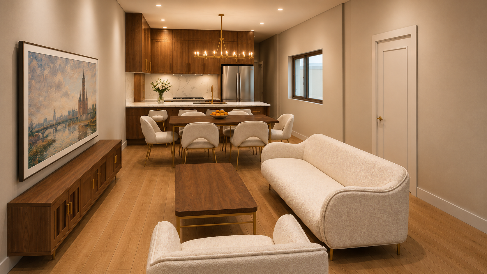 Spacious living room and kitchen with beige walls, wooden floors, and modern furniture. The living room has cream-colored sofas and a wooden coffee table, with a large framed artwork of a cityscape hanging on the wall. The dining area has a wooden ta