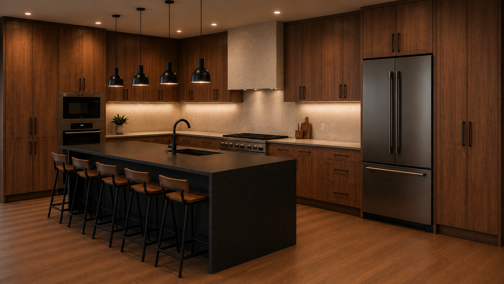 Modern kitchen with wooden cabinets, black island with four bar stools, stainless steel appliances including a refrigerator and oven, black pendant lights, and a plant on the counter.
