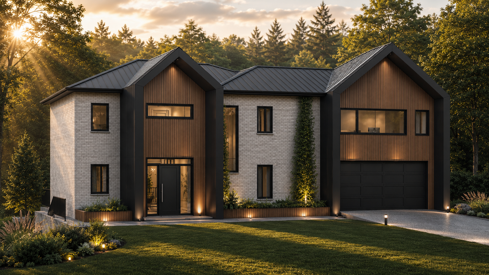 A modern two-story house with a combination of white brick and dark wooden panels, large windows, and an attached garage, surrounded by a well-maintained lawn and landscaping, with trees and the setting sun in the background.