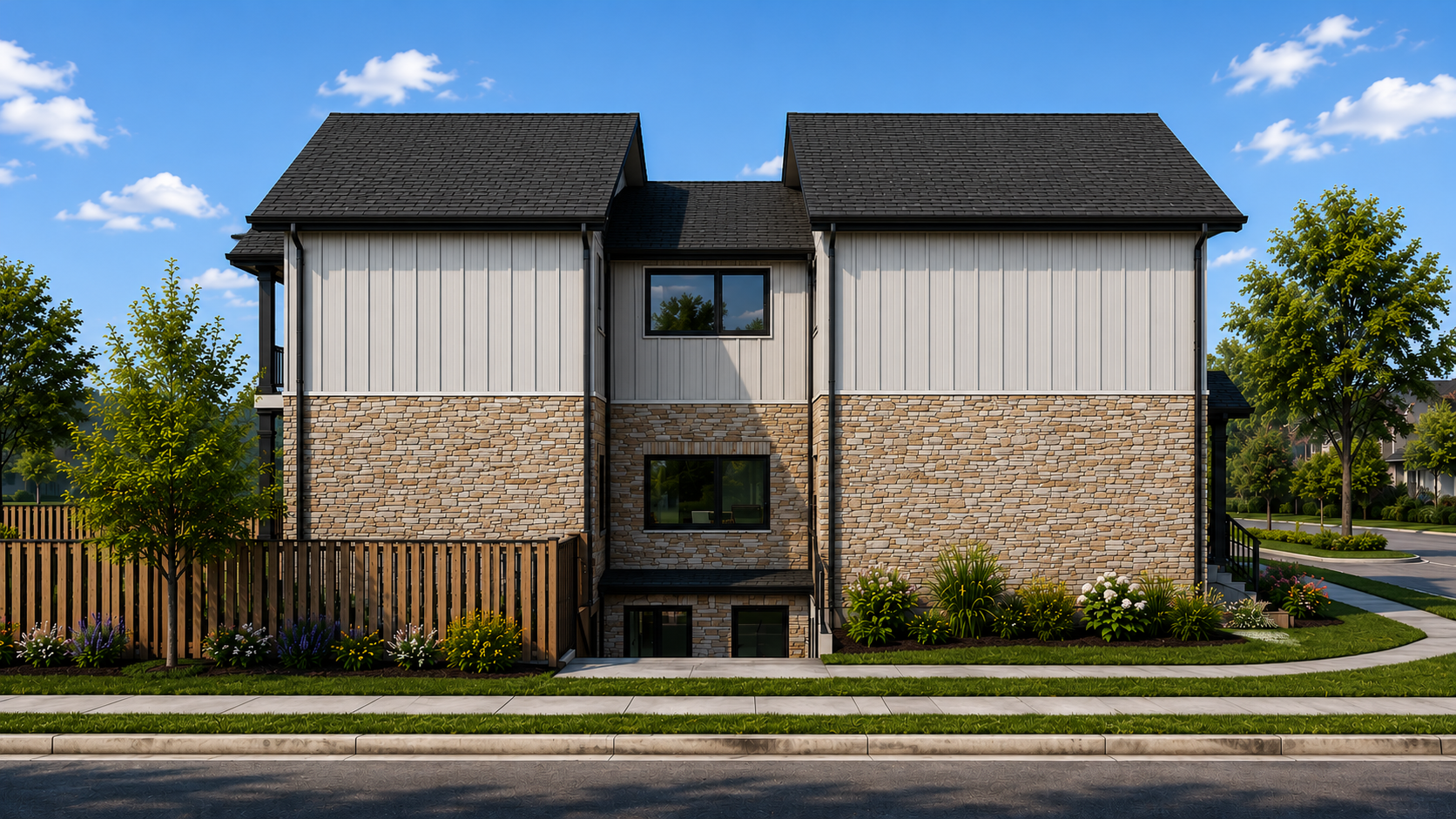 Modern multi-story house with stone and siding exterior, black roof, surrounded by a lush green lawn and garden, on a sunny day with blue sky and white clouds.