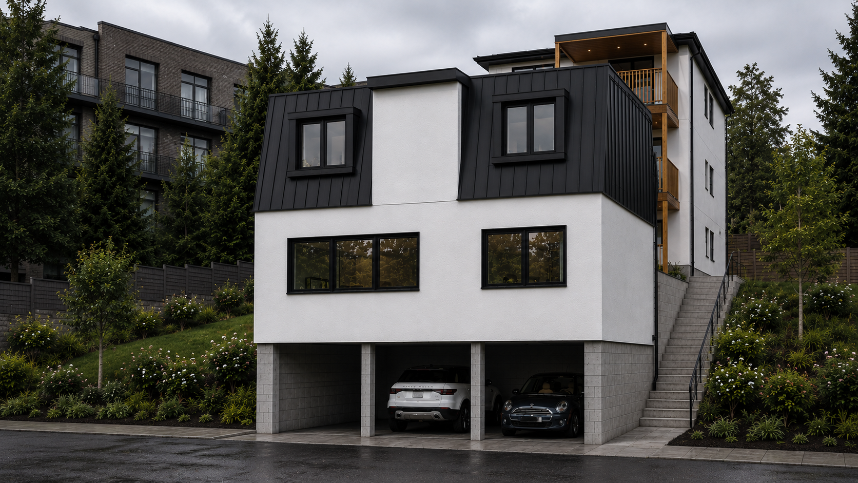 Modern multi-story house with a garage on the ground floor and stairs leading up to the entrance. The house has a black metal roof and white walls, with several large windows. Surrounding the house are landscaped plants, trees, and a hillside.