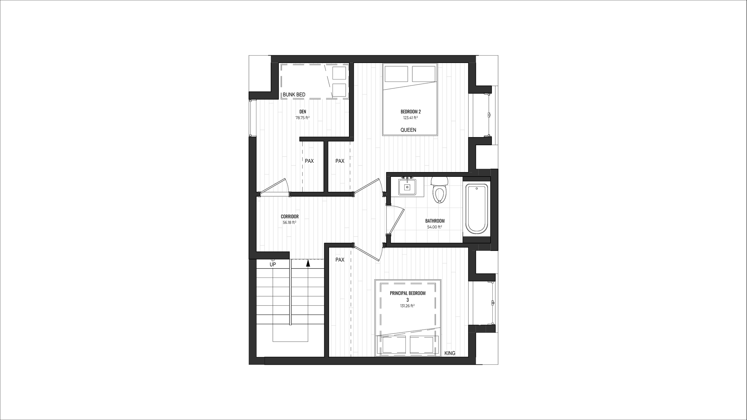 Floor plan of a house showing a balcony, three bedrooms, a bathroom, and a corridor.