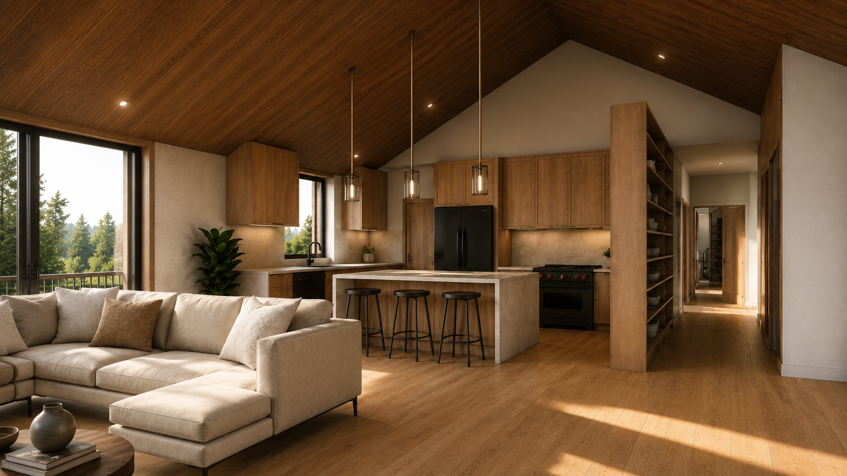 Open-concept living room and kitchen with wooden accents, large windows showing trees outside, beige sofa with pillows, kitchen island with three black stools, black appliances, open shelving, and warm lighting.