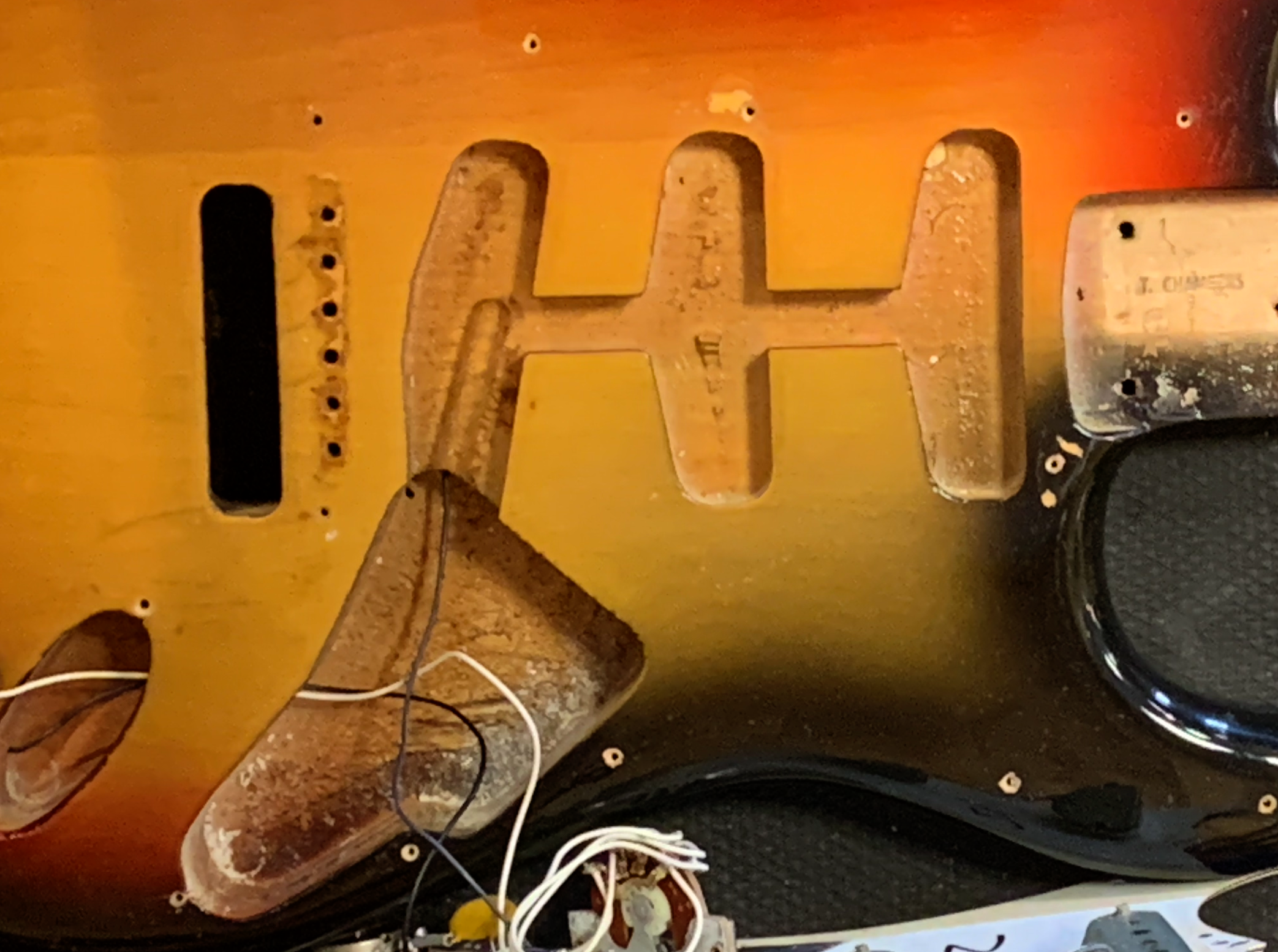 1973 Fender Strat interior, in for restoration.