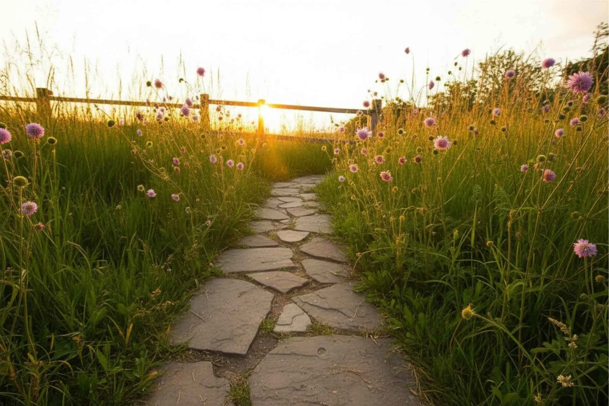 Sunset over a stone pathway in a field of tall purple flowers with a wooden fence in the background.