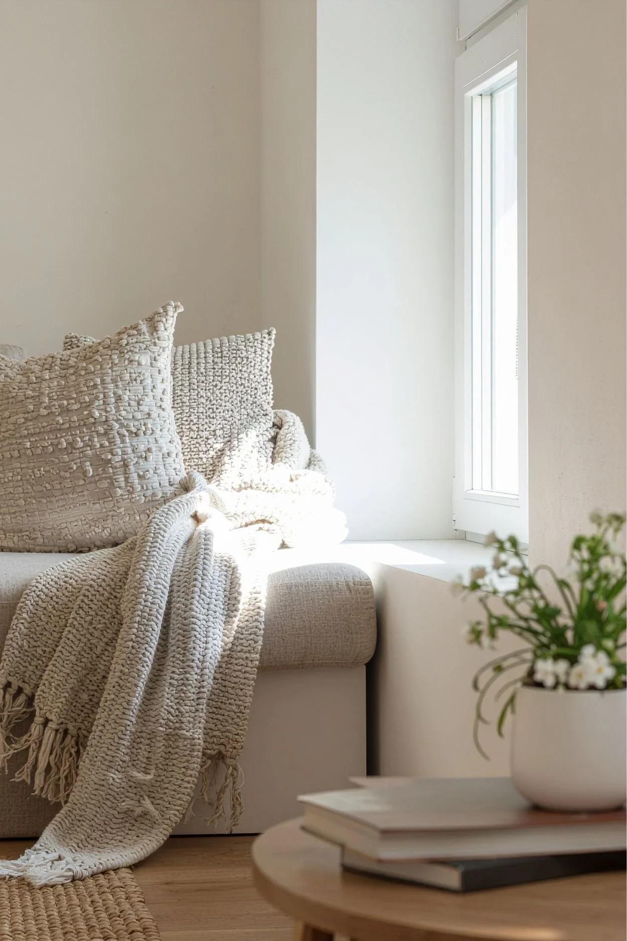 A cozy living space with beige textured pillows and a chunky knit throw blanket on a sofa near a window with white blinds, sunlight streaming in, and a coffee table with a potted plant and stacked books.