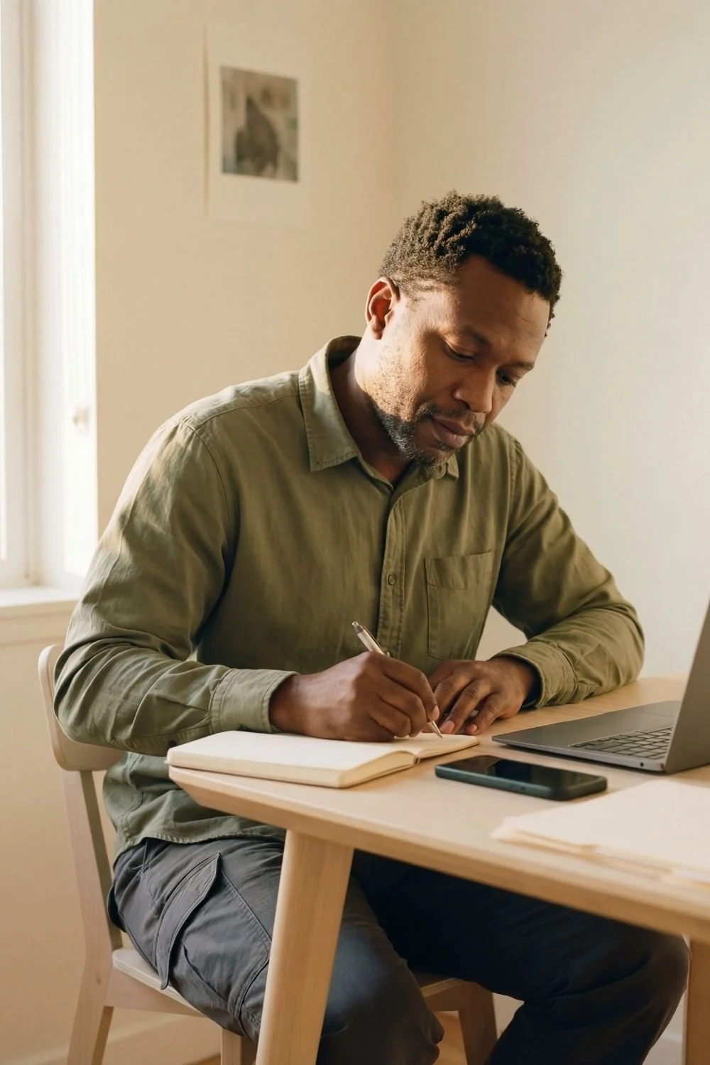 A man sitting at a wooden desk writing in a notebook, with a laptop and smartphone on the desk, in a room with cream-colored walls and a window to the left.