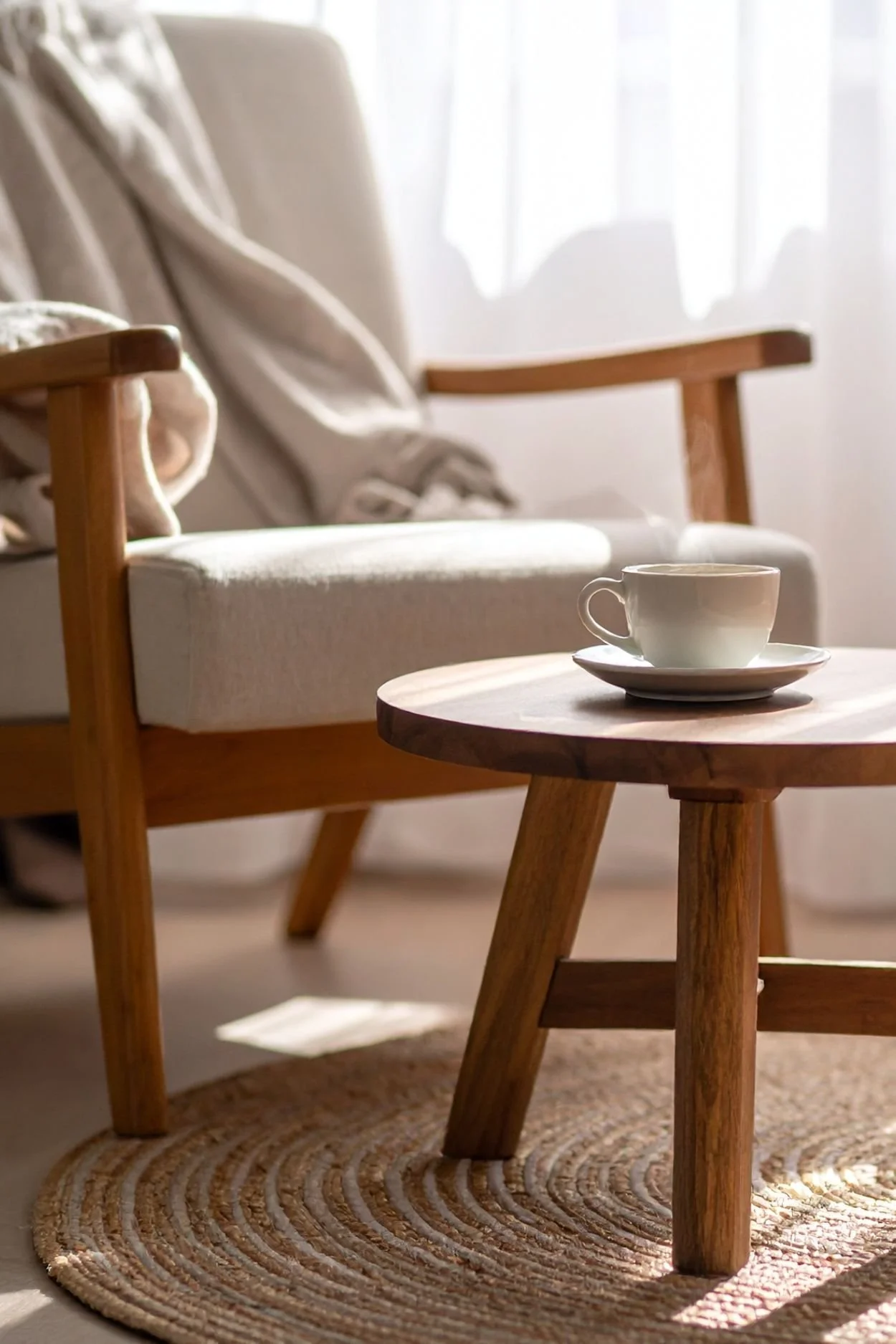 A cozy living room with a wooden armchair, a small wooden side table with a white cup and saucer, a beige blanket on the chair, a textured round rug on the floor, and sunlight streaming through a window with sheer curtains.