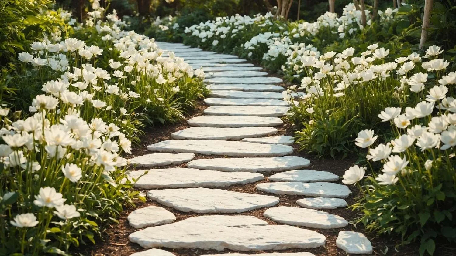 A stone pathway surrounded by white flowers in bloom.