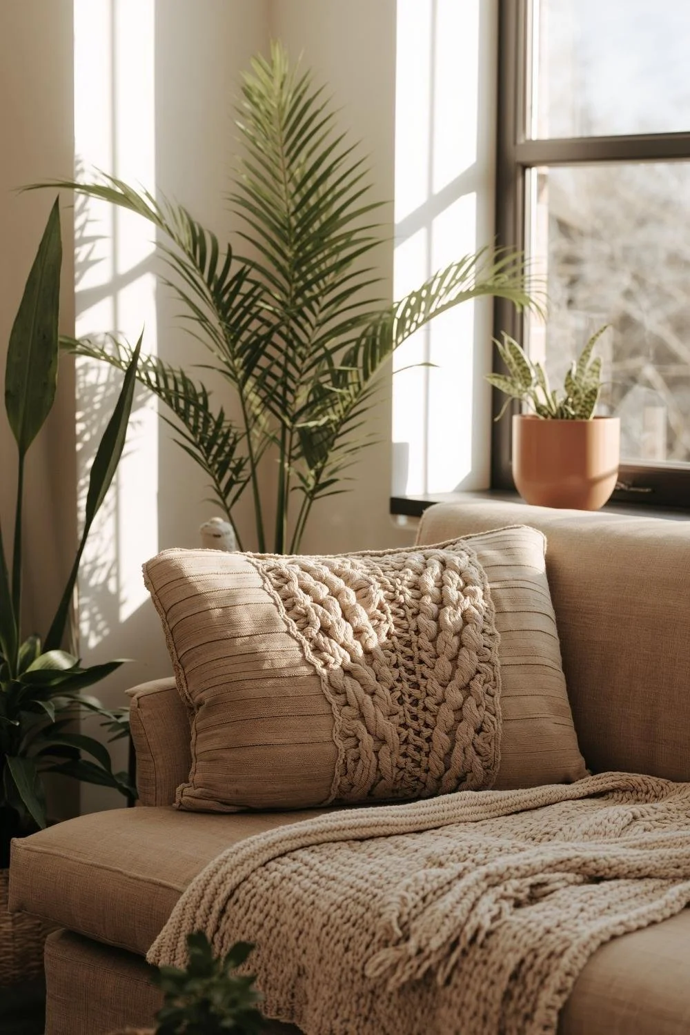 Sunlit beige couch with knotted beige pillow and chunky knit blanket, next to potted plants and a window with sunlight streaming in.