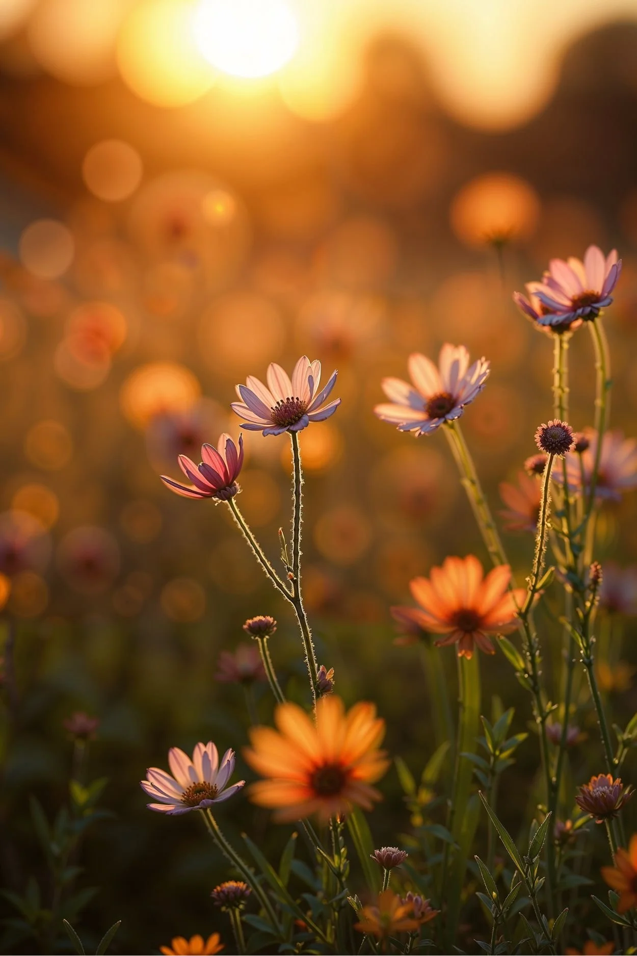 Close-up of orange and purple daisies in a field at sunset with a bokeh background.
