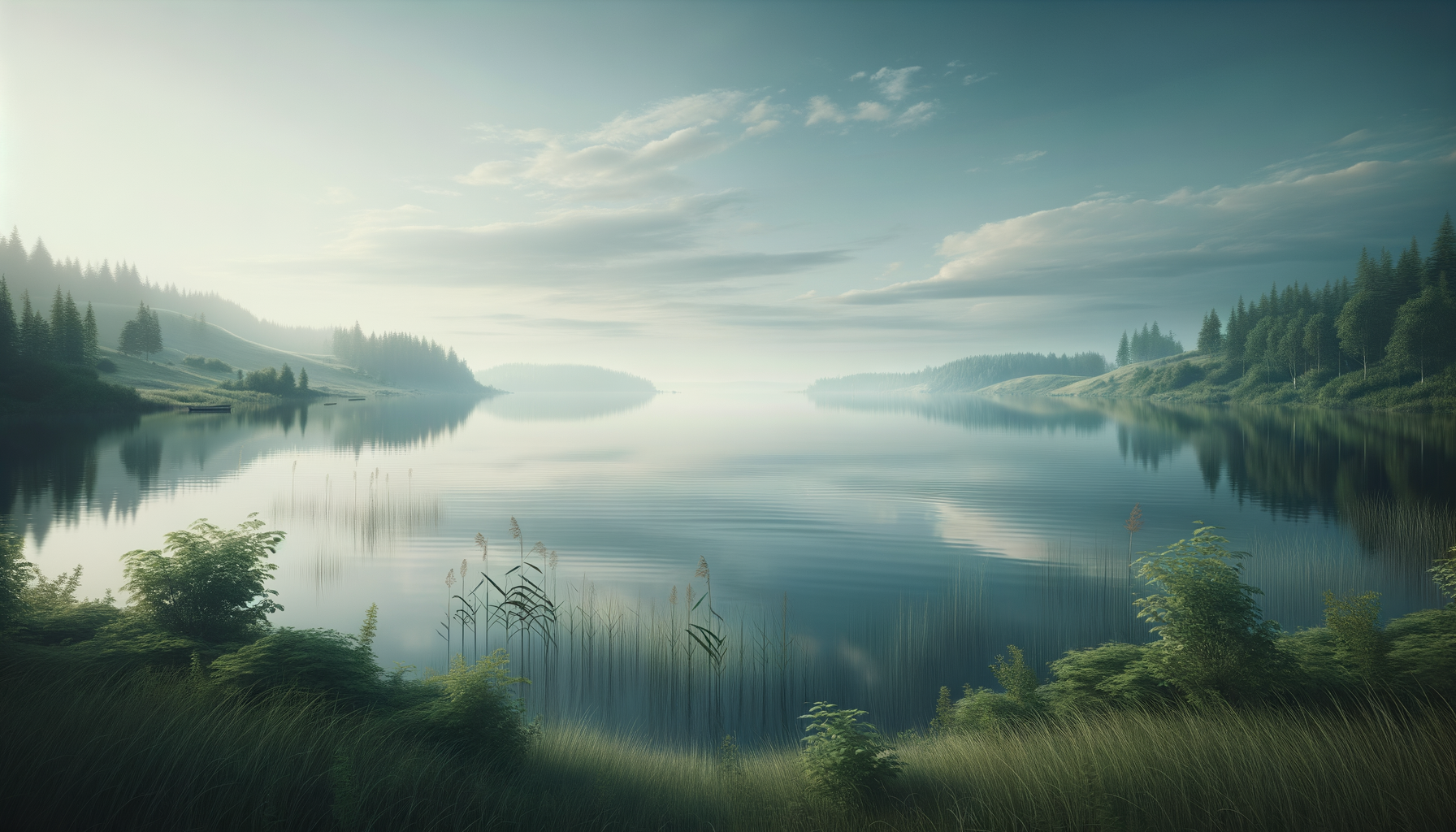 A serene lake surrounded by green trees and hills under a partly cloudy sky, with calm water reflecting the landscape.