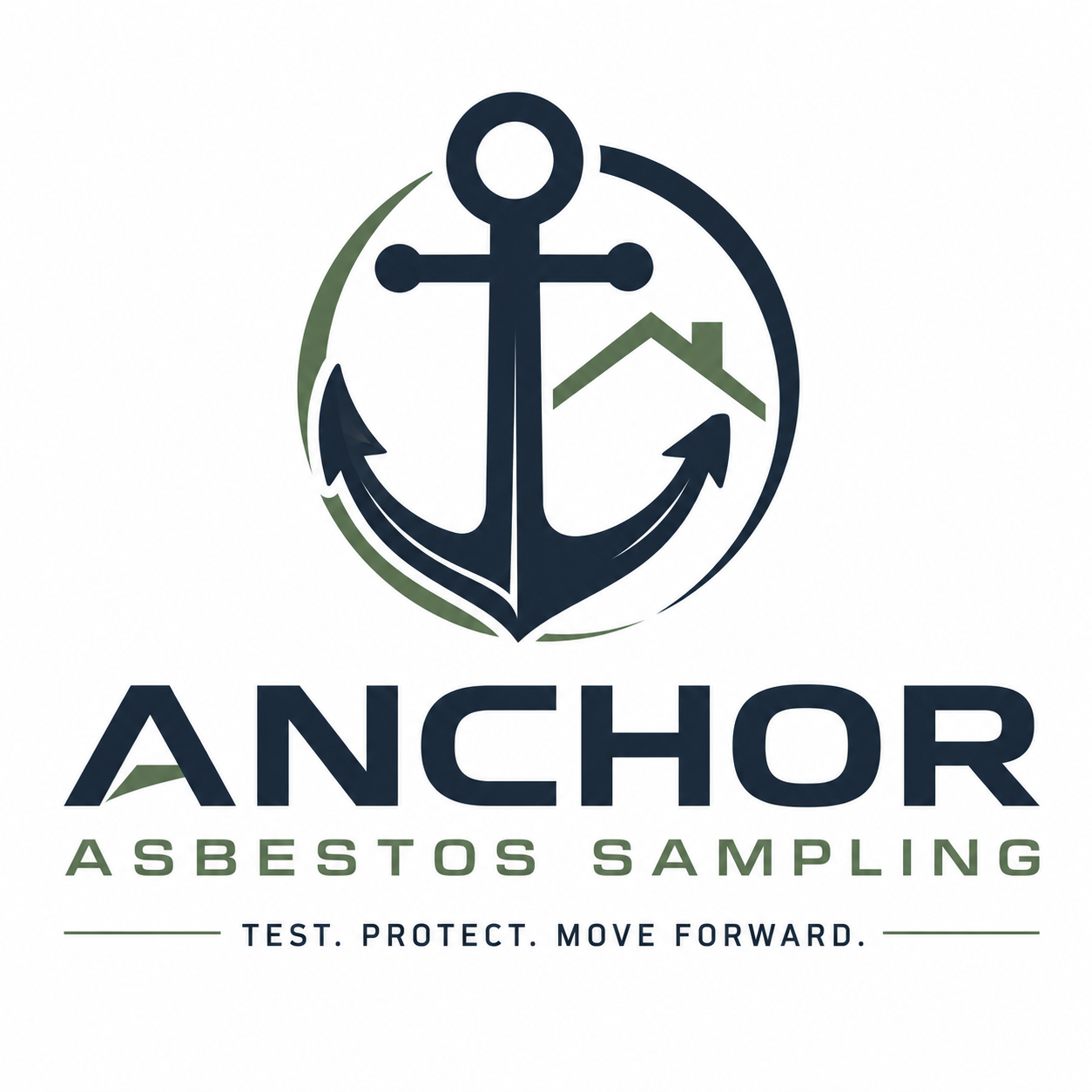 A logo for Anchor Asbestos Sampling featuring a navy blue anchor inside a green and black circular design, with the words 'ANCHOR ASBESTOS SAMPLING' and the slogan 'TEST. PROTECT. MOVE FORWARD.'