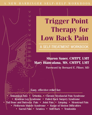 Cover of a self-help workbook titled 'Trigger Point Therapy for Low Back Pain' by Sharon Sauer and Mary Biancalana, with purple and beige design, featuring a simple line drawing of a person with highlighted trigger points in the back.