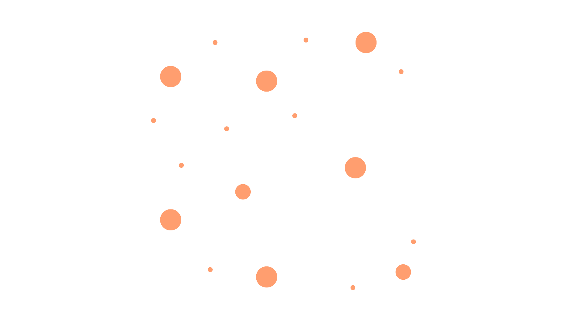 Grafica con sfondo nero, spirale bianca centrale circondata da sfere di varie dimensioni di colore arancione.