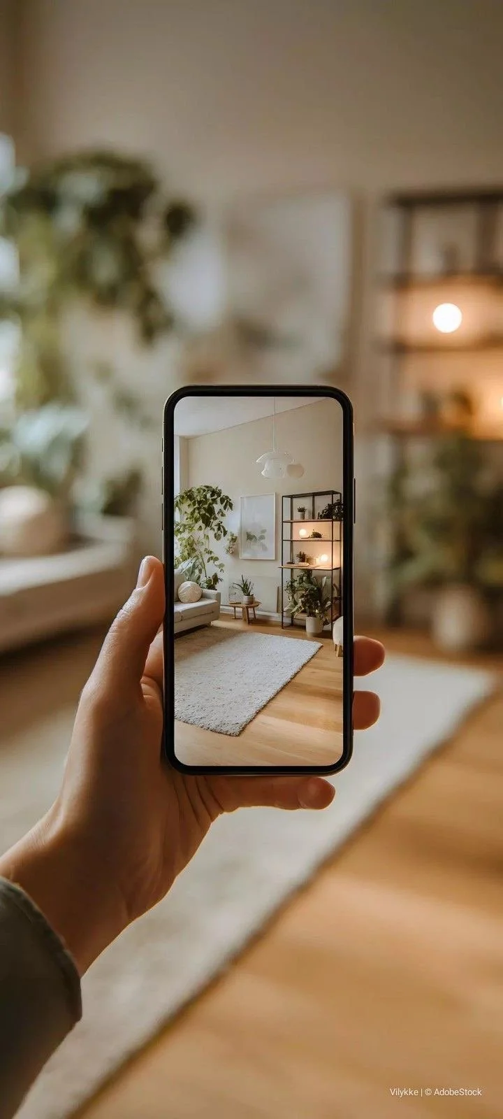 Person holding a smartphone capturing a photo of a cozy living room with a gray rug, white sofa, indoor plants, wall art, and shelving with lighting.