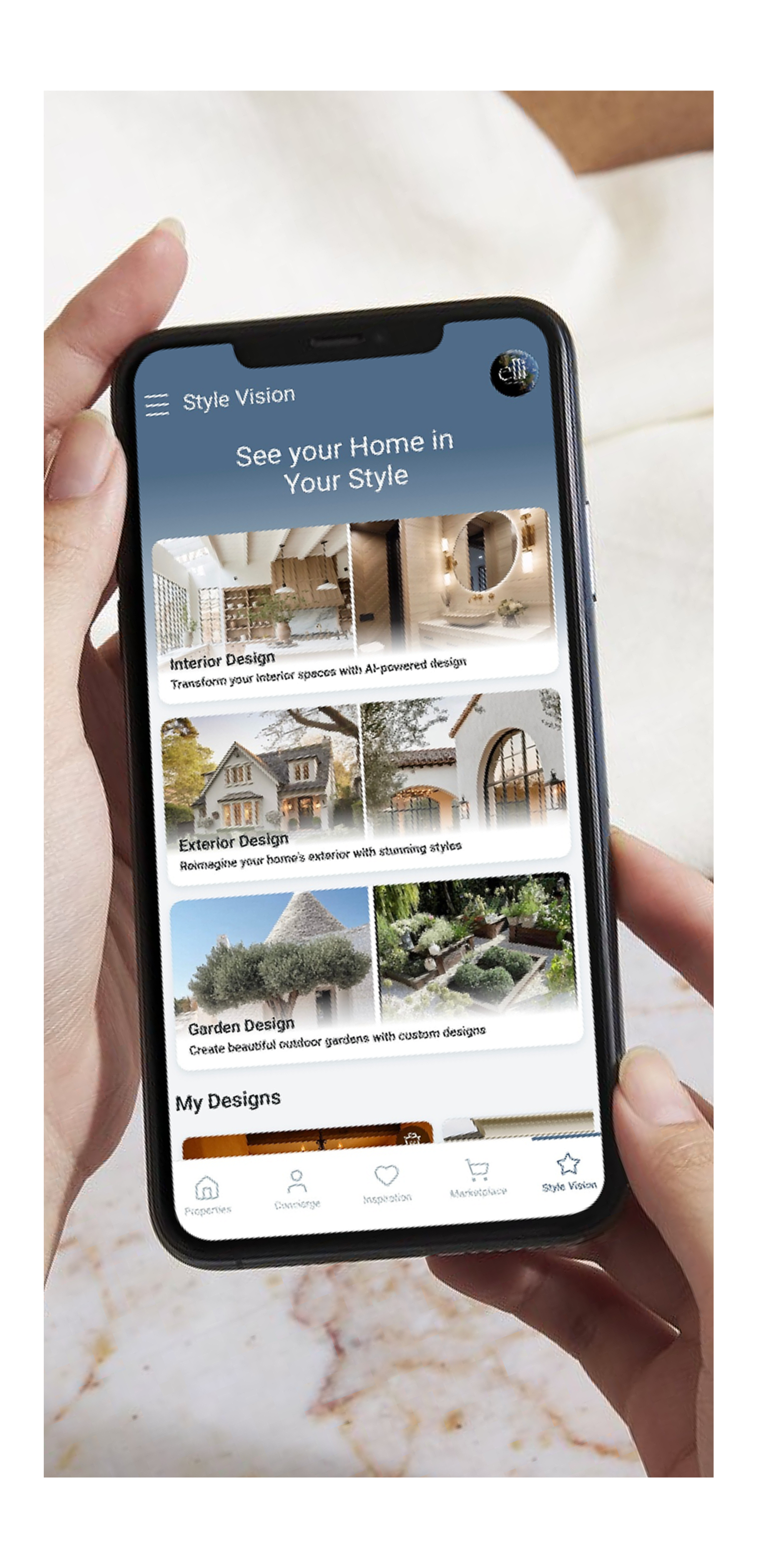 A person holding a smartphone with an app called 'Style Vision' open, displaying home design ideas including interior, exterior, and garden design options.