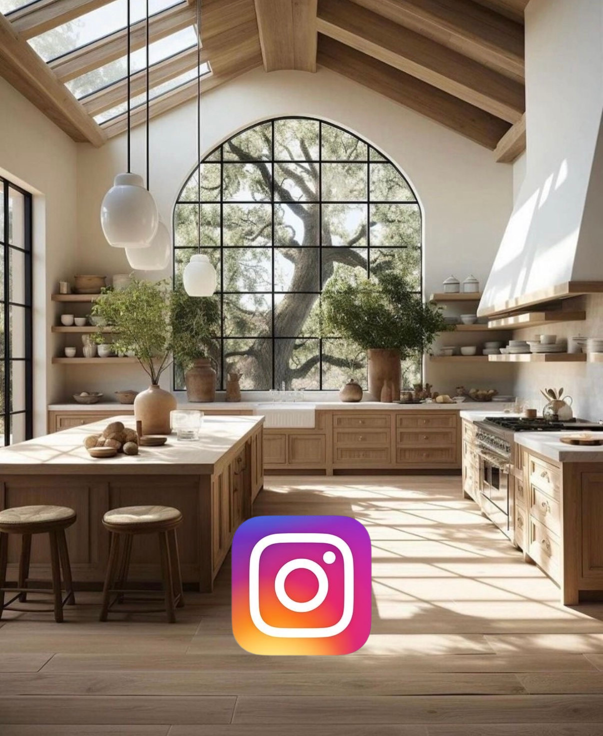 A bright, airy kitchen with large arched window showing a large tree outside. Light wood cabinetry and open shelving with white dishes, potted plants, and natural decor. A kitchen island with stools, hanging pendant lights, and sunlight streaming through windows.