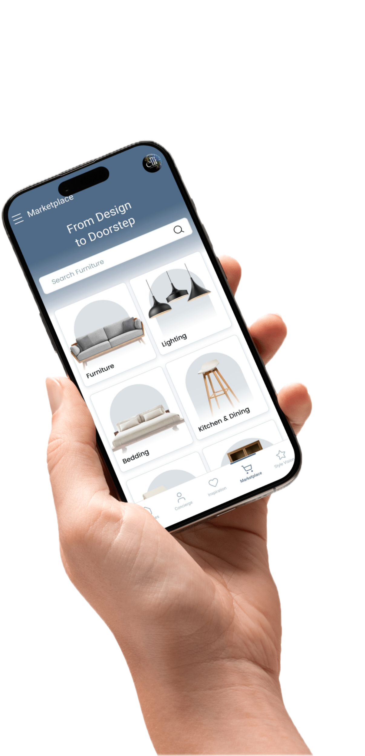 Hand holding a smartphone displaying an online furniture shopping app with categories like furniture, lighting, bedding, and kitchen & dining.
