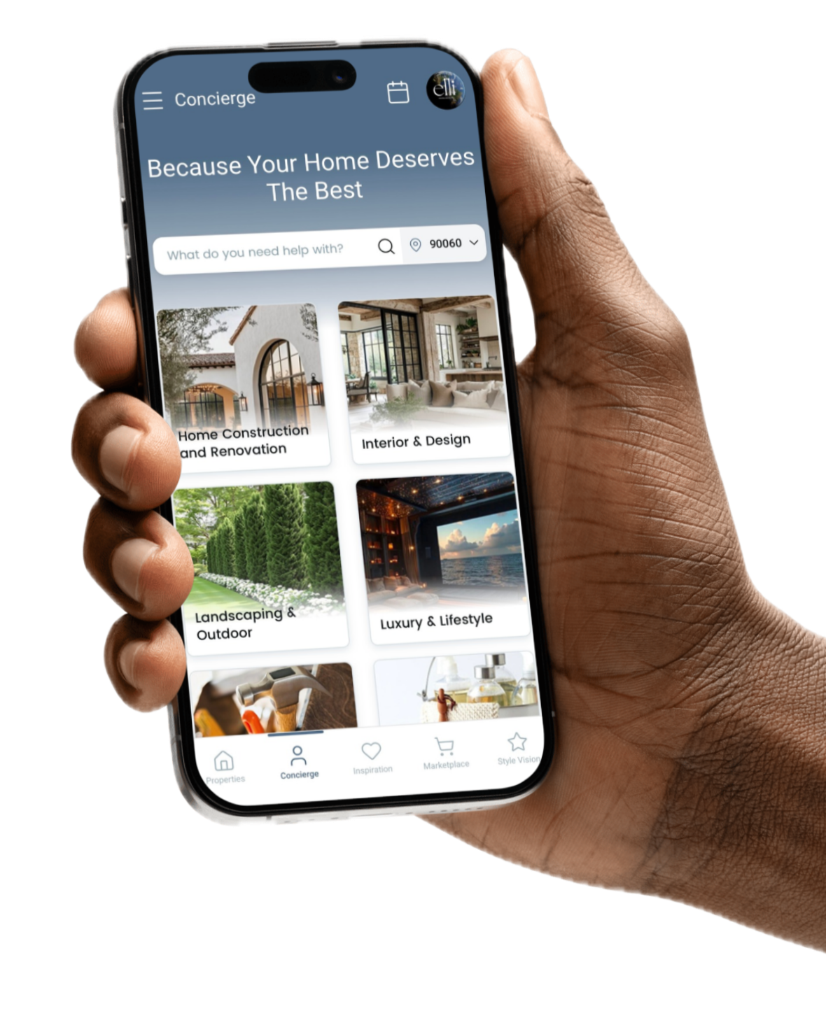 A hand holding a smartphone displaying a home improvement app with categories like Home Construction and Renovation, Interior & Design, Landscaping & Outdoor, and Luxury & Lifestyle.