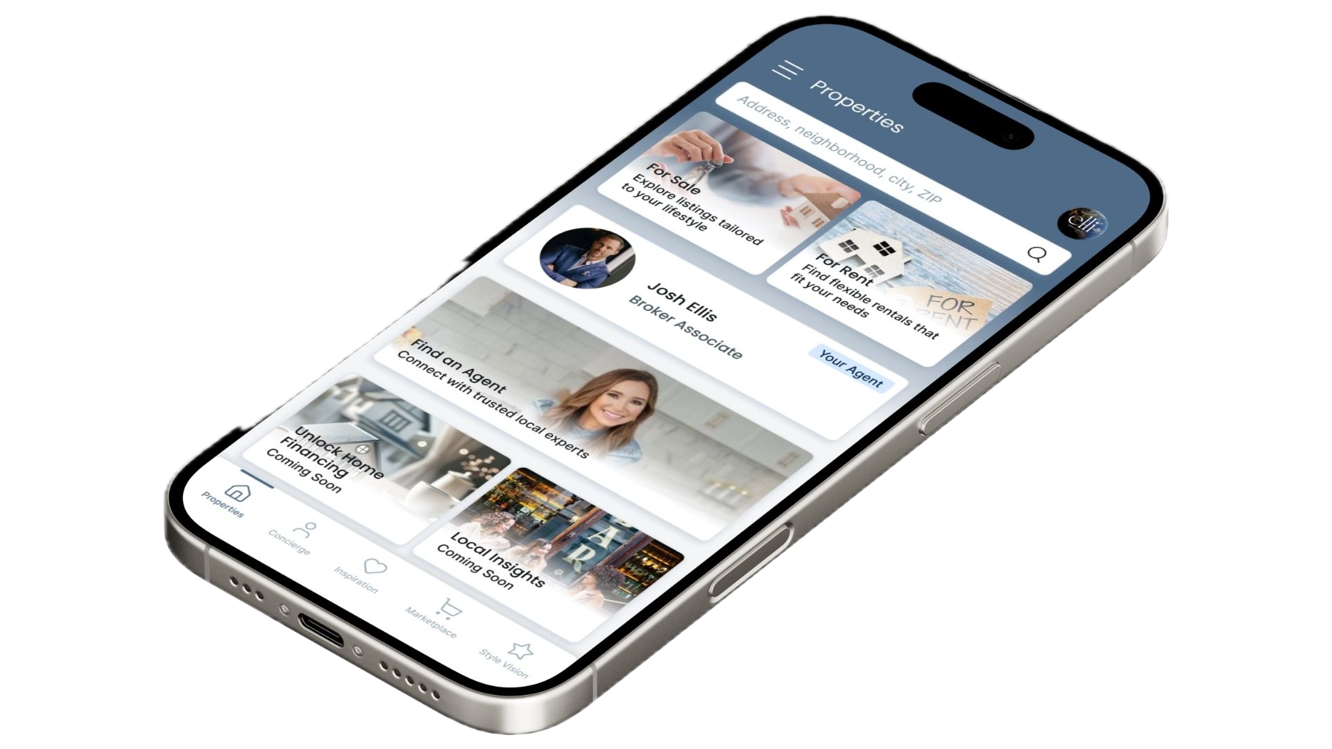 Smartphone displaying a property app with listings for real estate, including a broker's profile, for lease options, and upcoming features.