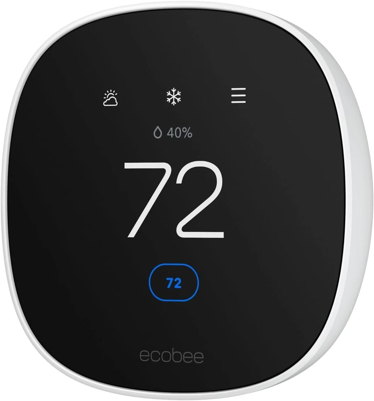 A digital thermostat displaying a temperature of 72 degrees Fahrenheit, with icons indicating weather conditions, humidity level of 40%, and a snowflake symbol.