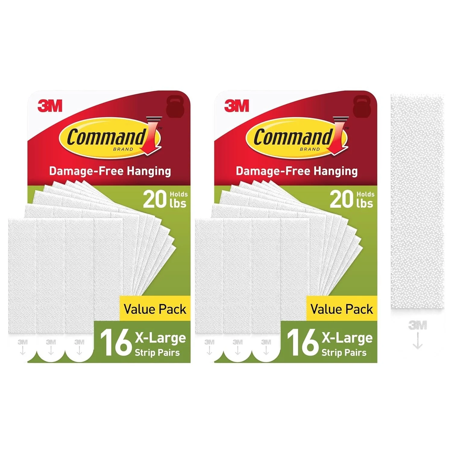Two packs of 3M Command damage-free hanging strips, each with 16 extra-large strips in white, labeled as value packs.