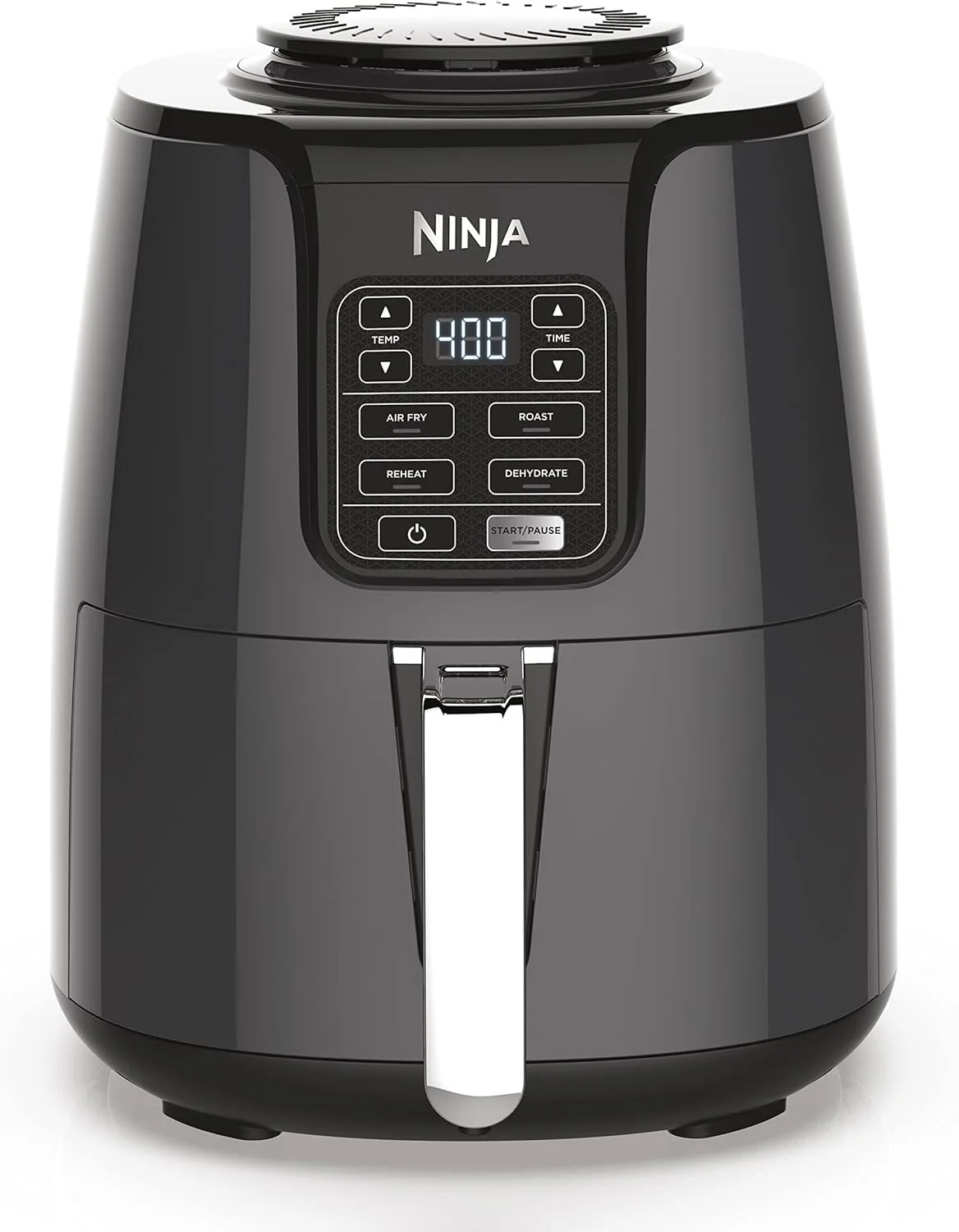 Black Ninja multi-function air fryer with digital control panel showing temperature set to 400 degrees and a countdown timer.