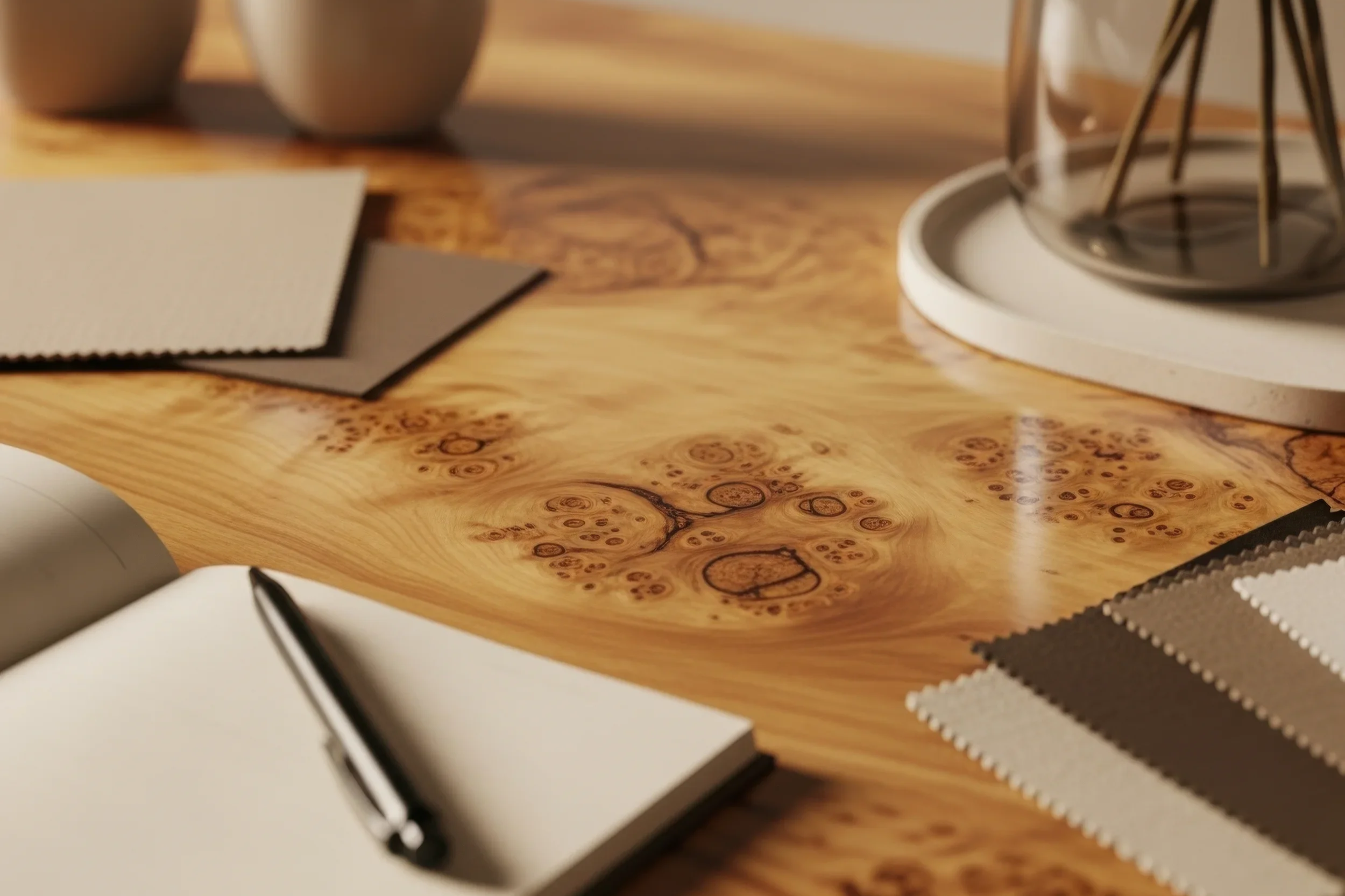 Close-up of a wooden surface with a swirled grain pattern, surrounded by color samples, notebooks, and writing tools.