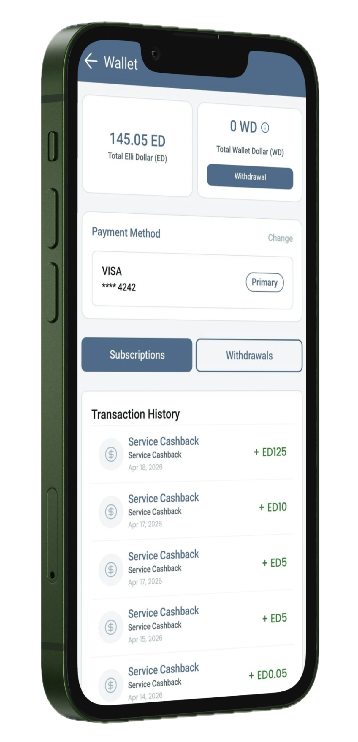 A smartphone screen displaying a digital wallet app with account balance, payment method, and transaction history