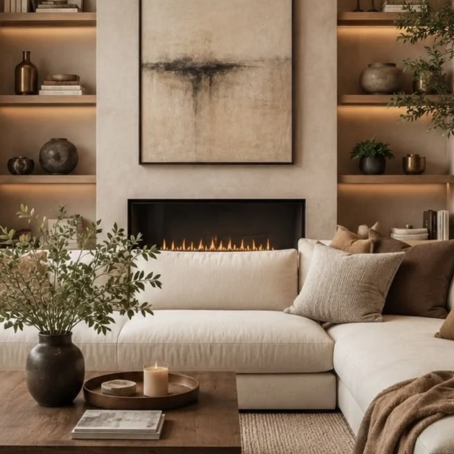 Living room with a built-in fireplace surrounded by beige walls, flanked by open shelves with decorative objects, a white sectional sofa with pillows, a wooden coffee table with candles, and a large vase with greenery.