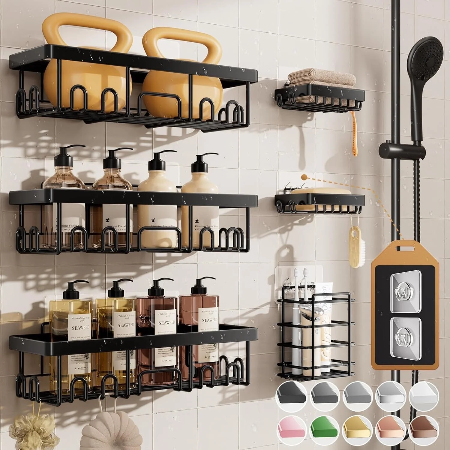 Black metal wall-mounted shelves holding beige and brown soap pumps, glass bottles, and folded towels, with a showerhead, a soap dispenser, and cleaning brushes on a tiled bathroom wall.