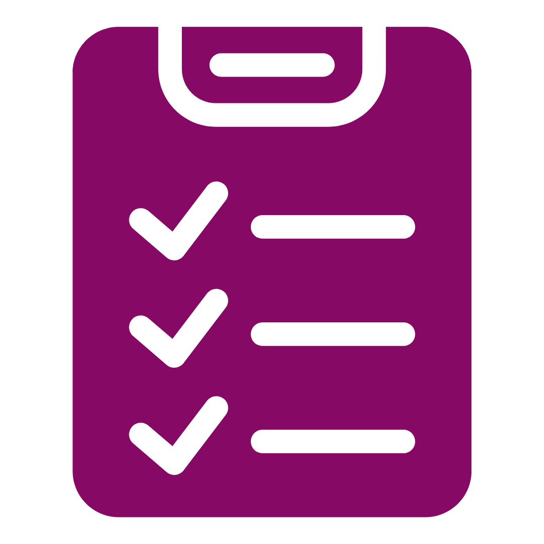 Icon of a clipboard with checkmarks next to listed items, in purple and black.