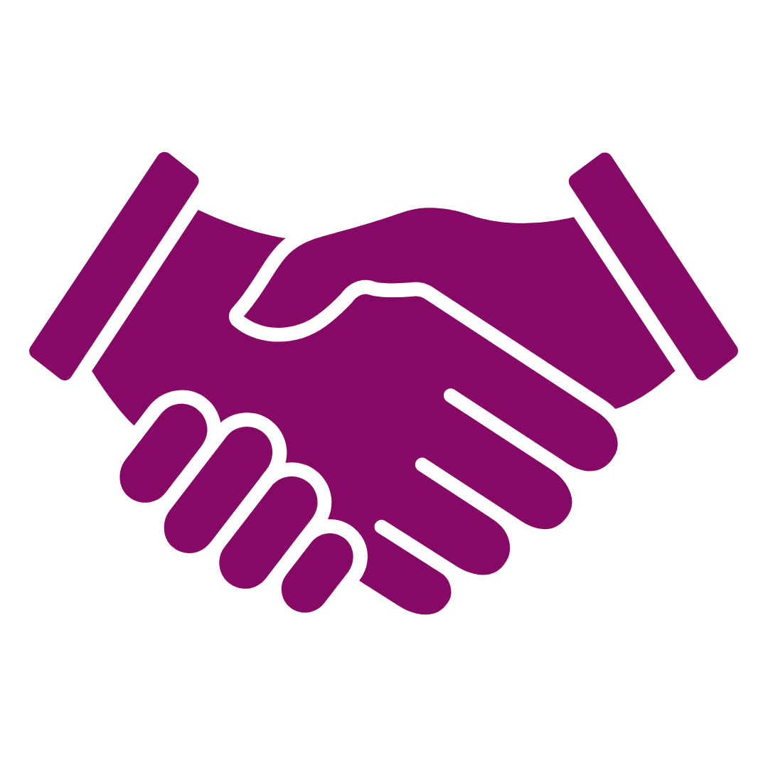 Illustration of two hands shaking, colors in purple and black outline.