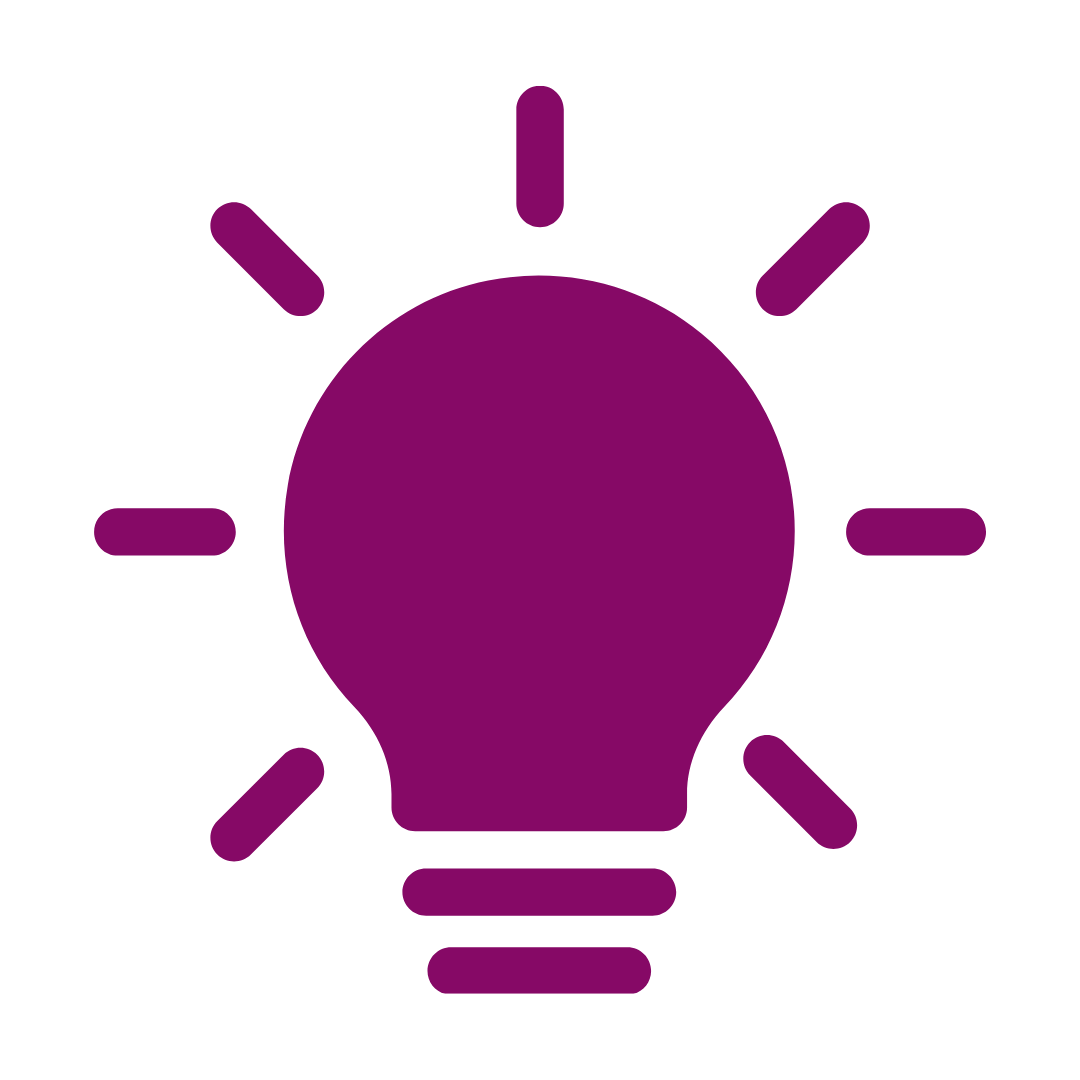 Purple light bulb icon with rays emanating from it.