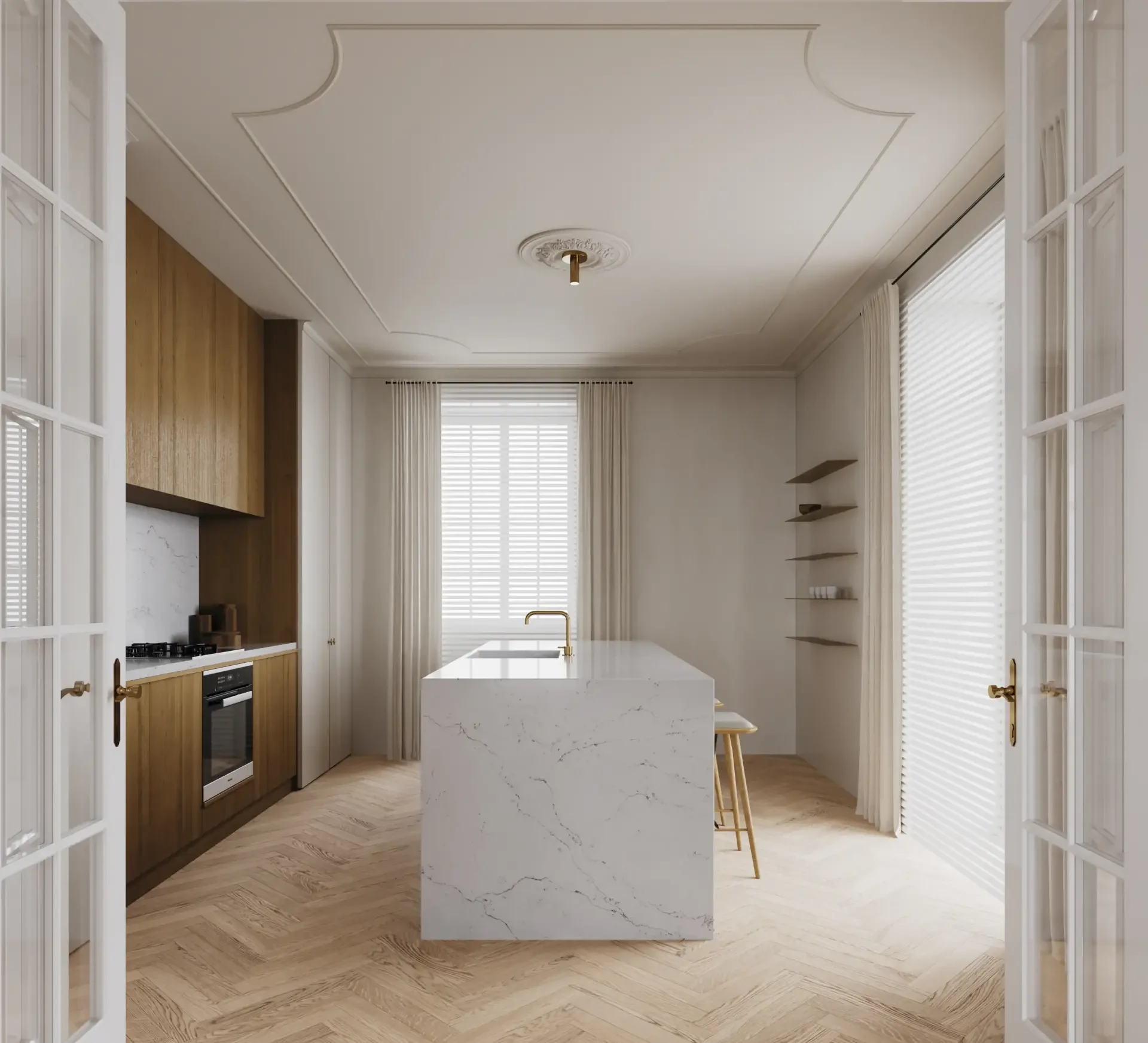 Modern kitchen with white marble island, wooden cabinetry, and large windows with blinds, viewed from an open doorway with glass-paneled doors.