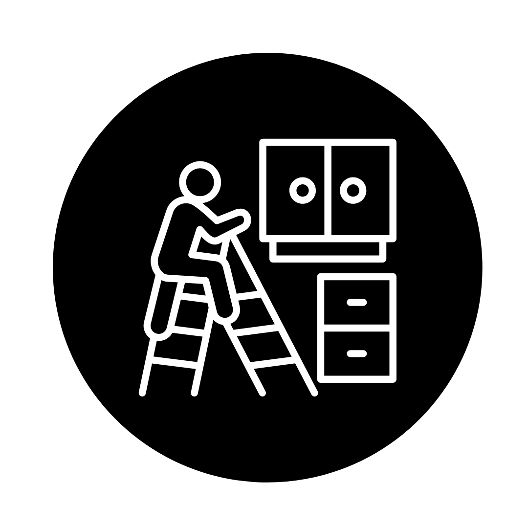 Line drawing of a person climbing a ladder to reach a cabinet and a filing cabinet.