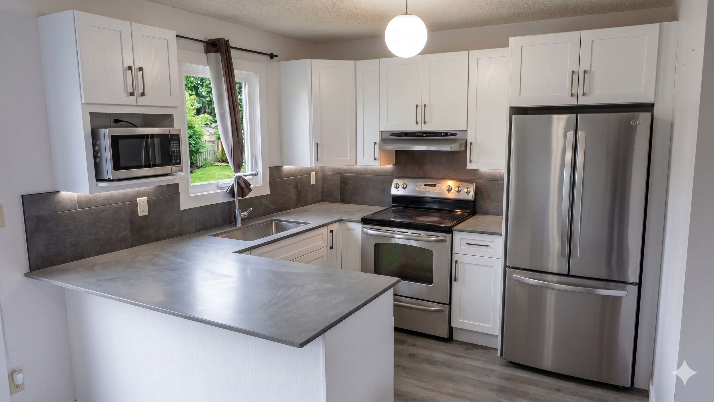 Modern kitchen with white cabinets, stainless steel appliances, and a gray countertop. There is a window with a view of a green yard and a brown curtain, hanging light fixture, and a gray tiled backsplash.