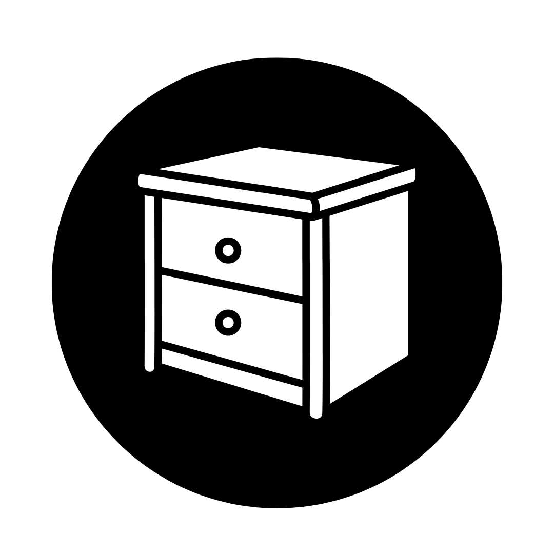 Black and white line drawing of a small wooden nightstand with two drawers and a flat top surface.