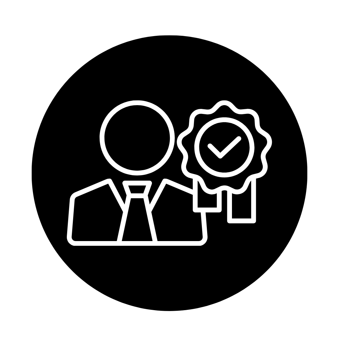 Outline icon of a person in a suit holding a badge with a checkmark, symbolizing certification or approval.