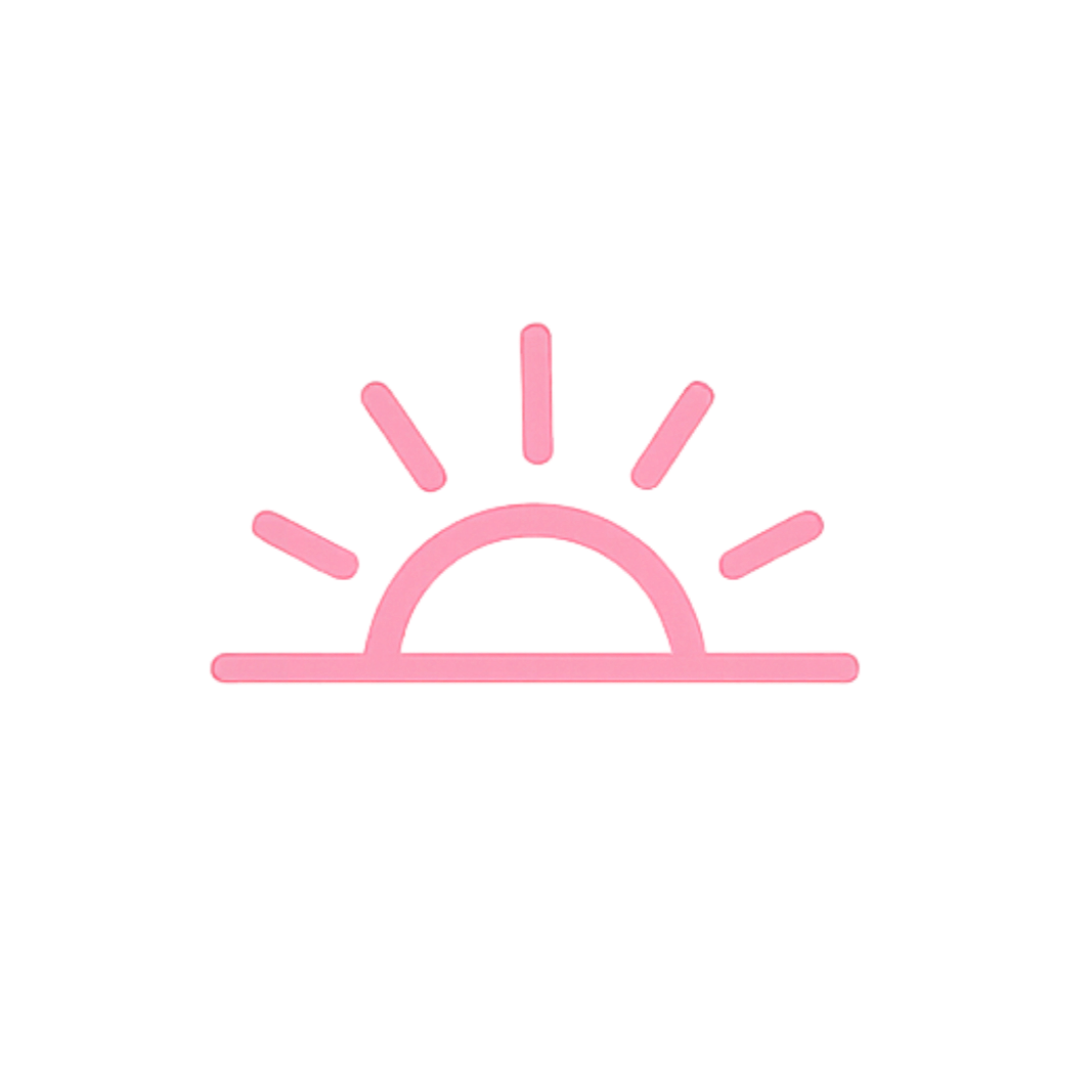 Pink neon sun icon with rays above a horizontal line, representing sunrise or sunset.