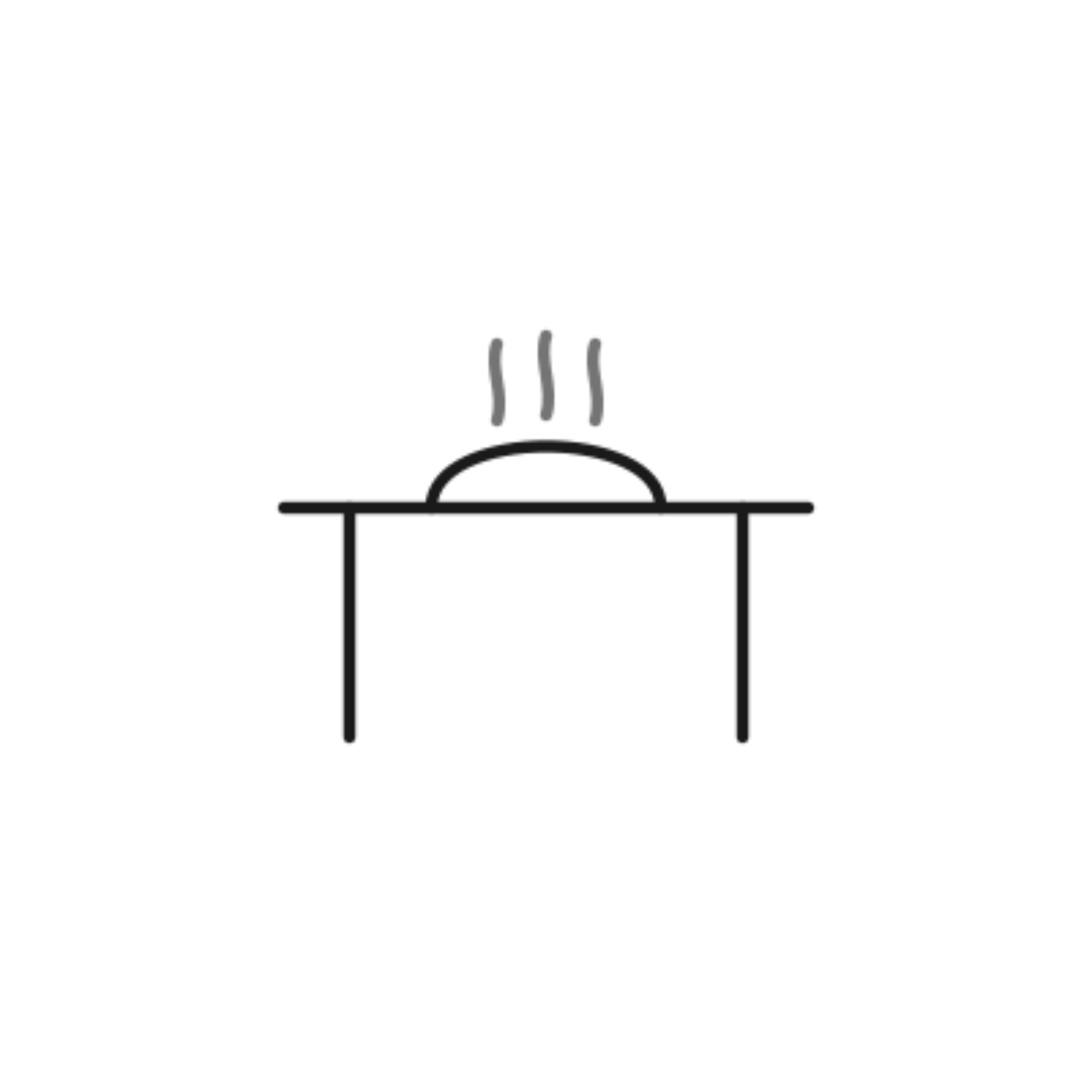 Line drawing of a table with a loaf of bread sitting on top with steam coming off of it.